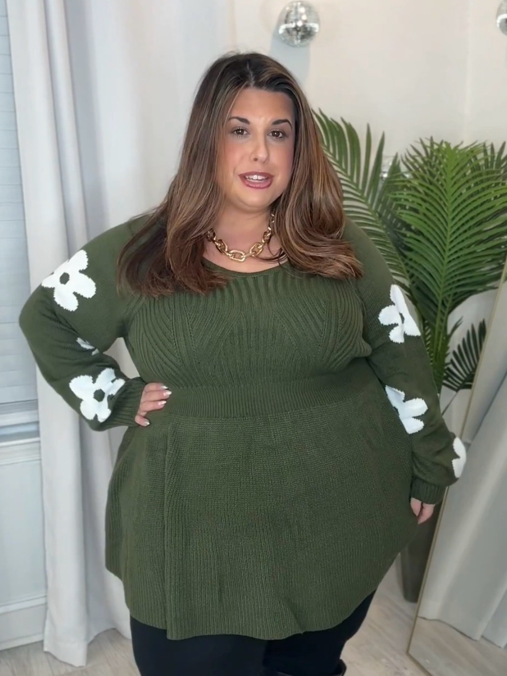 Plus Olive Green Floral Sleeve Knit Tunic Sweater